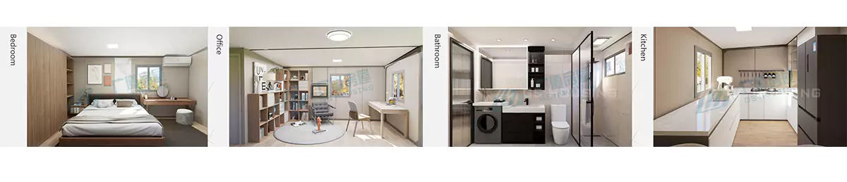 Interior de una casa contenedor expandible de 30 pies, espacio habitable modular moderno.