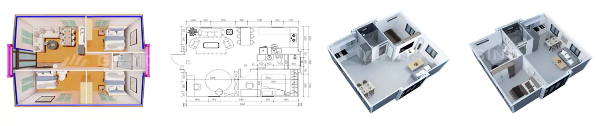 Plano de distribución de una casa contenedor expandible de 30 pies con diseño de espacio modular funcional.