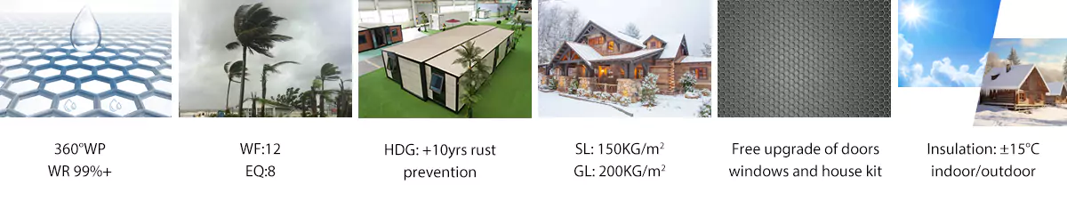 Exterior de casa contenedor modular plegable, diseño expandible de 20 pies, ideal para vivienda temporal y alojamiento de trabajadores.