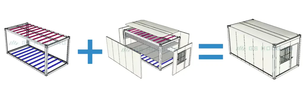 Solución de construcción modular tipo casa contenedor de paquete plano para oficinas y alojamiento.