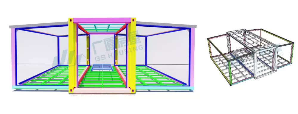 Estructura modular de acero galvanizado Q355B para casas contenedor tipo A de montaje plano.