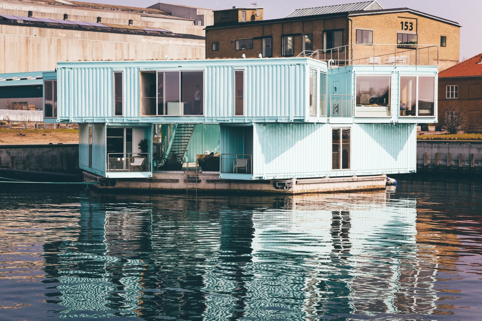 Flat pack container houses used for disaster relief housing near water and emergency areas