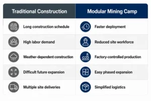 comparison of traditional construction and modular mining camp deployment for Chile copper and lithium projects