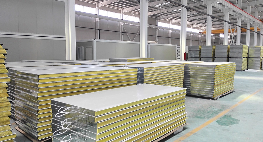 container house modular housing production yard stacked wall panels