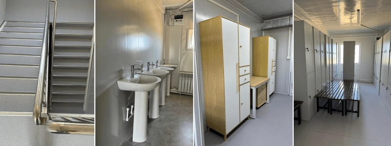 modular building interior corridor with staircase, washbasin area and storage cabinets