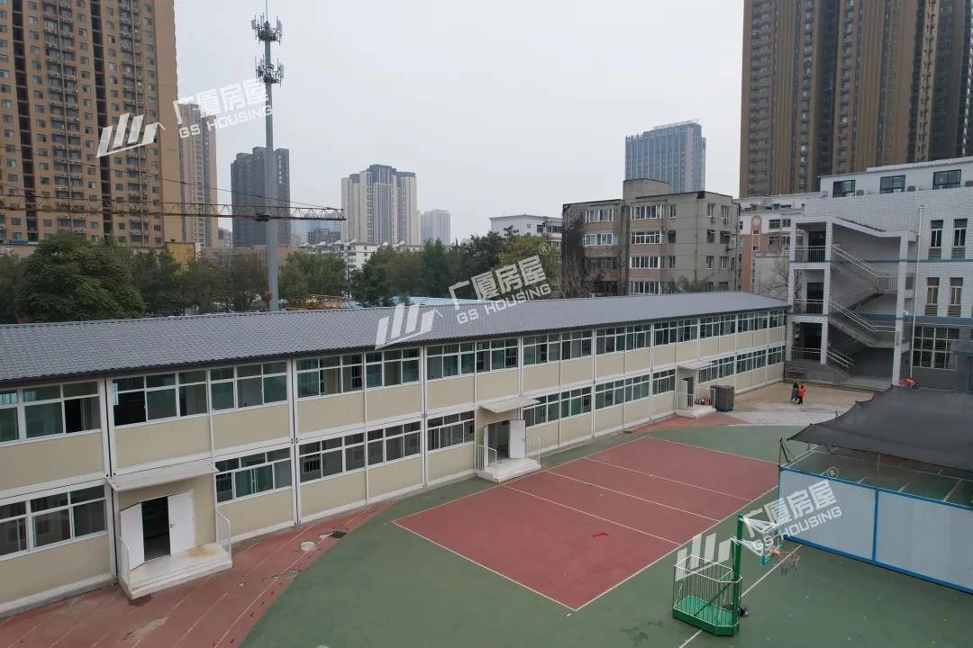 modular school building exterior with teaching facilities and campus open space