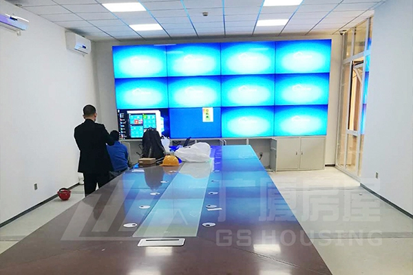 prefab office meeting room with long conference table and large video wall prefab office meeting room with long conference table and large video wall