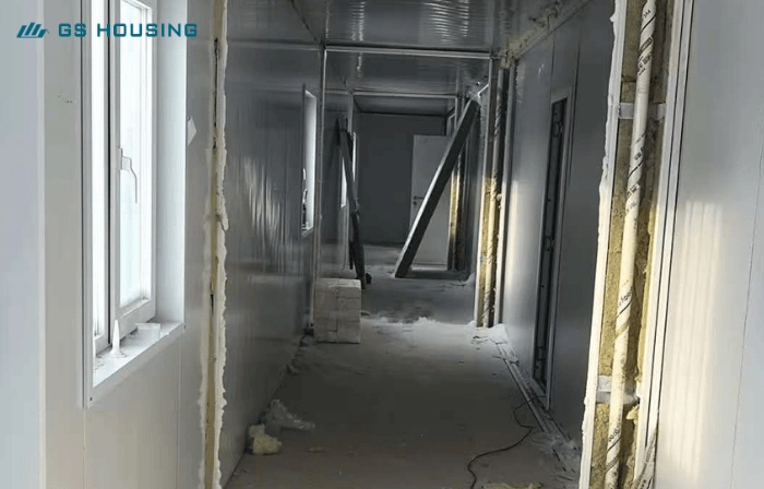 prefabricated modular corridor structure installation unfinished stage