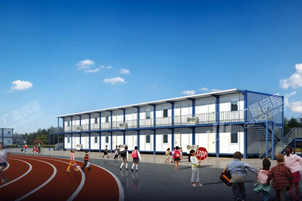 school sports field with running track and modular classroom building in campus area school sports field with running track and modular classroom building in campus area