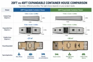 20ft vs 40ft expandable container house size comparison for South America mining and resort projects