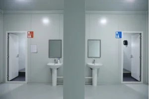 Exterior view of modular sanitary container with male and female bathroom facilities