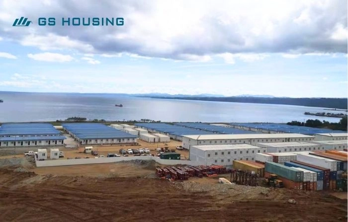 mining camp accommodation site near coastal construction area with modular buildings