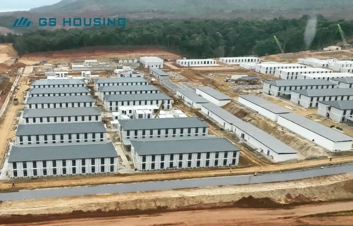 mining camp aerial view of modular accommodation buildings in remote project site