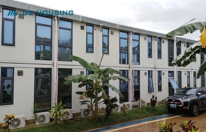 mining camp completed modular accommodation building exterior with landscaped walkway