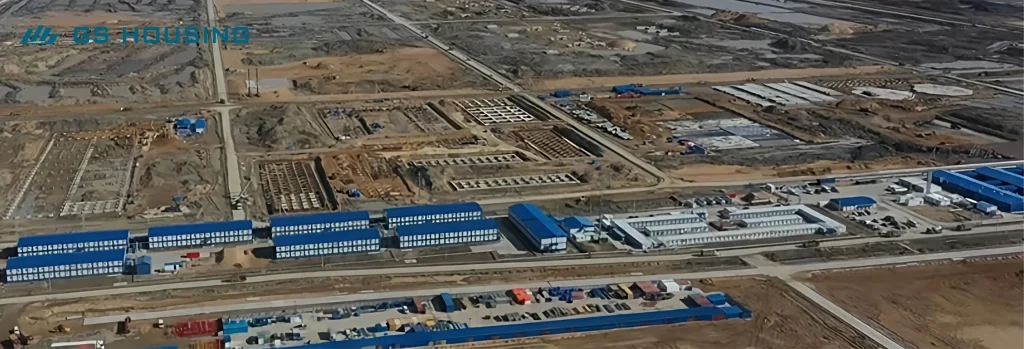 modular camp aerial view of oil and gas field construction accommodation site layout