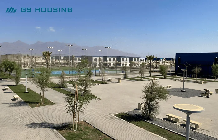 prefab construction camp outdoor courtyard and modular building area