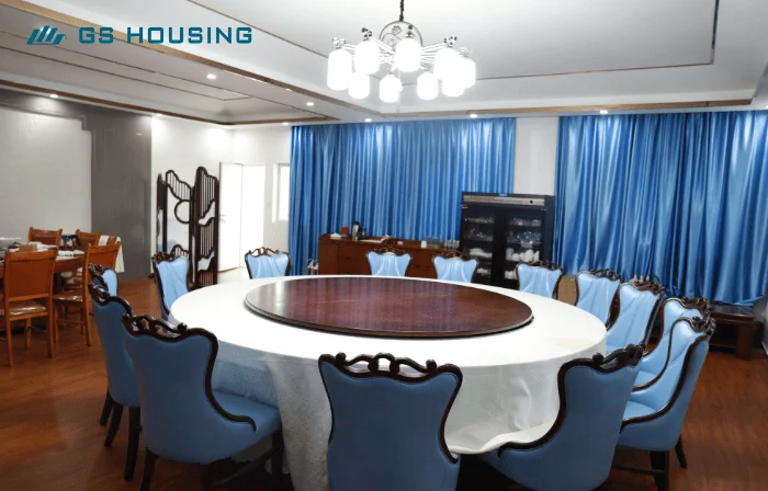 prefab construction camp private dining room interior for site reception and staff meals