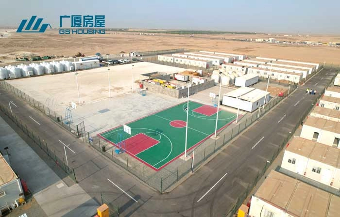 worker camp sports court and modular housing layout in Saudi Arabia Red Sea project