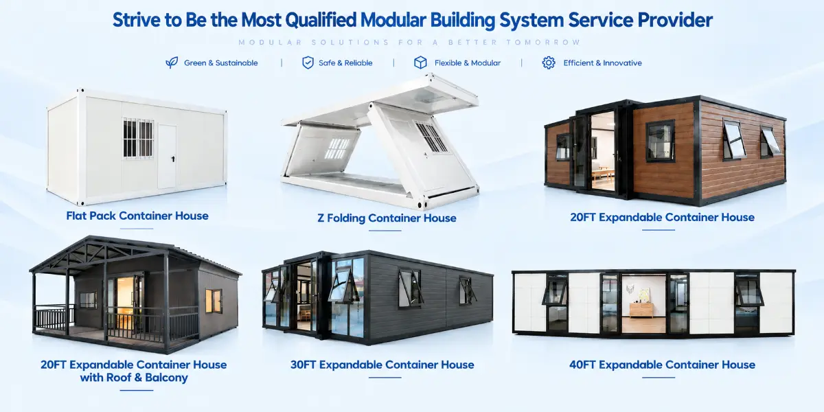 GS Housing container house range including flat pack, folding, and 20ft, 30ft and 40ft expandable container houses