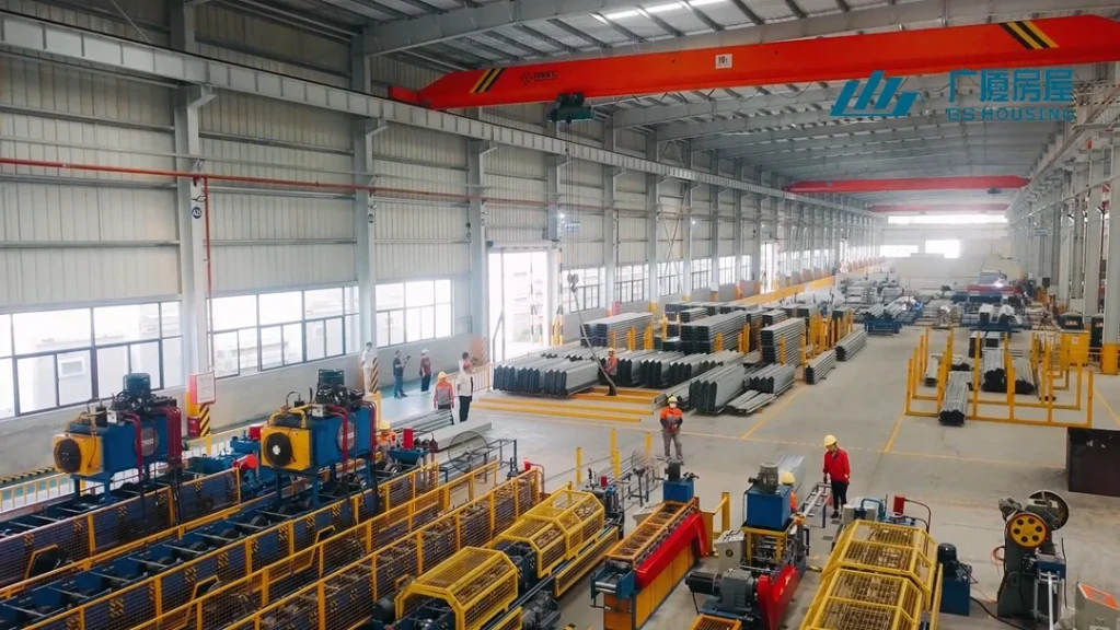 GS Housing production line with workers manufacturing prefabricated modular building units