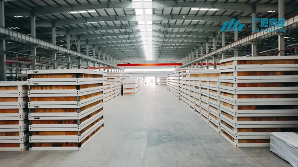 Interior of GS Housing factory showing stacked prefabricated building panels