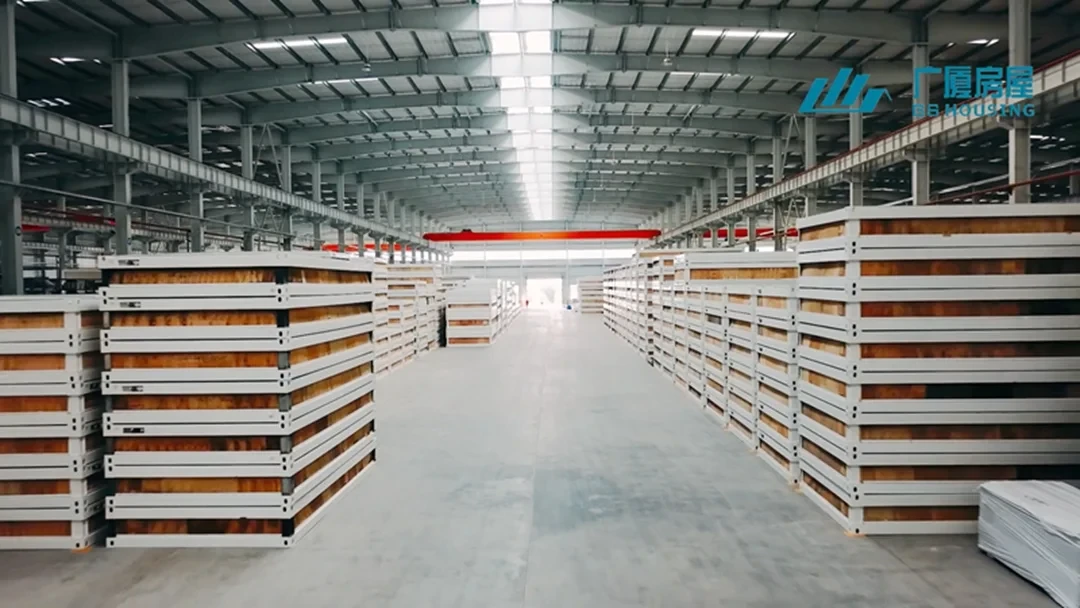 Interior of GS Housing factory showing stacked prefabricated building panels