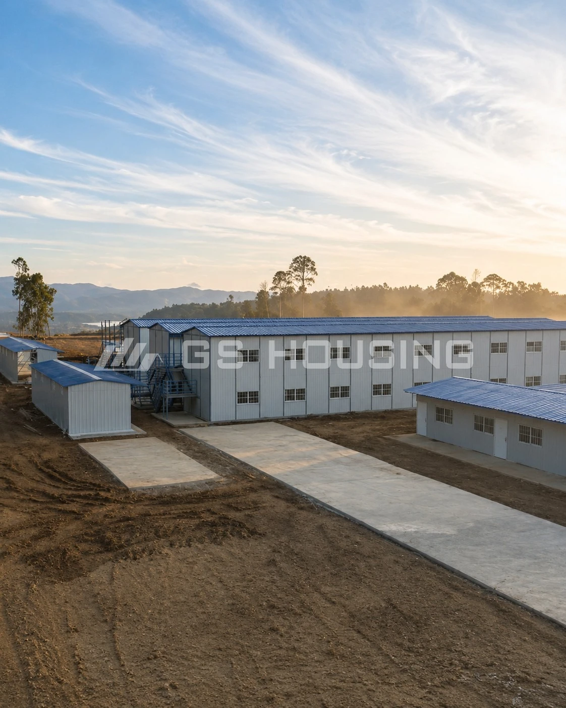 Overall view of the construction site accommodation for the Indonesia FHT nickel smelting RKEF project, showing blue-roof prefabricated steel buildings including a two-storey block with external stairs and single-storey blocks, with concrete access roads and a mountainous forested backdrop