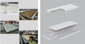 Modular building roof system showing steel frame, insulation layer and ceiling panels