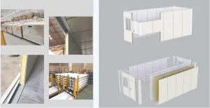 Modular building wall system showing steel posts, insulation panels, windows and doors