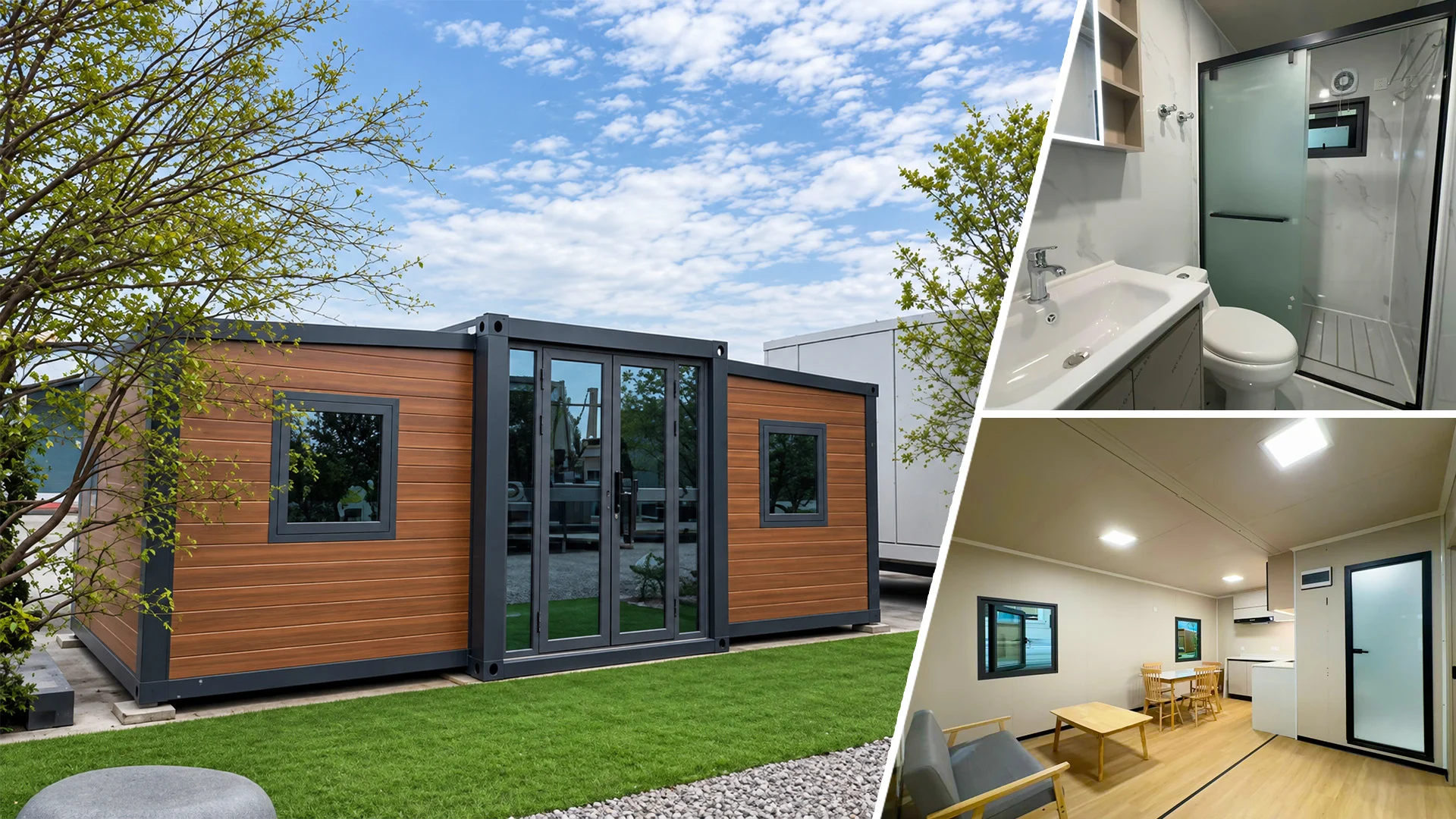 Expandable Container House with a modern wood-look exterior, integrated bathroom and living space, suitable for camps, guest accommodation and tourism projects.