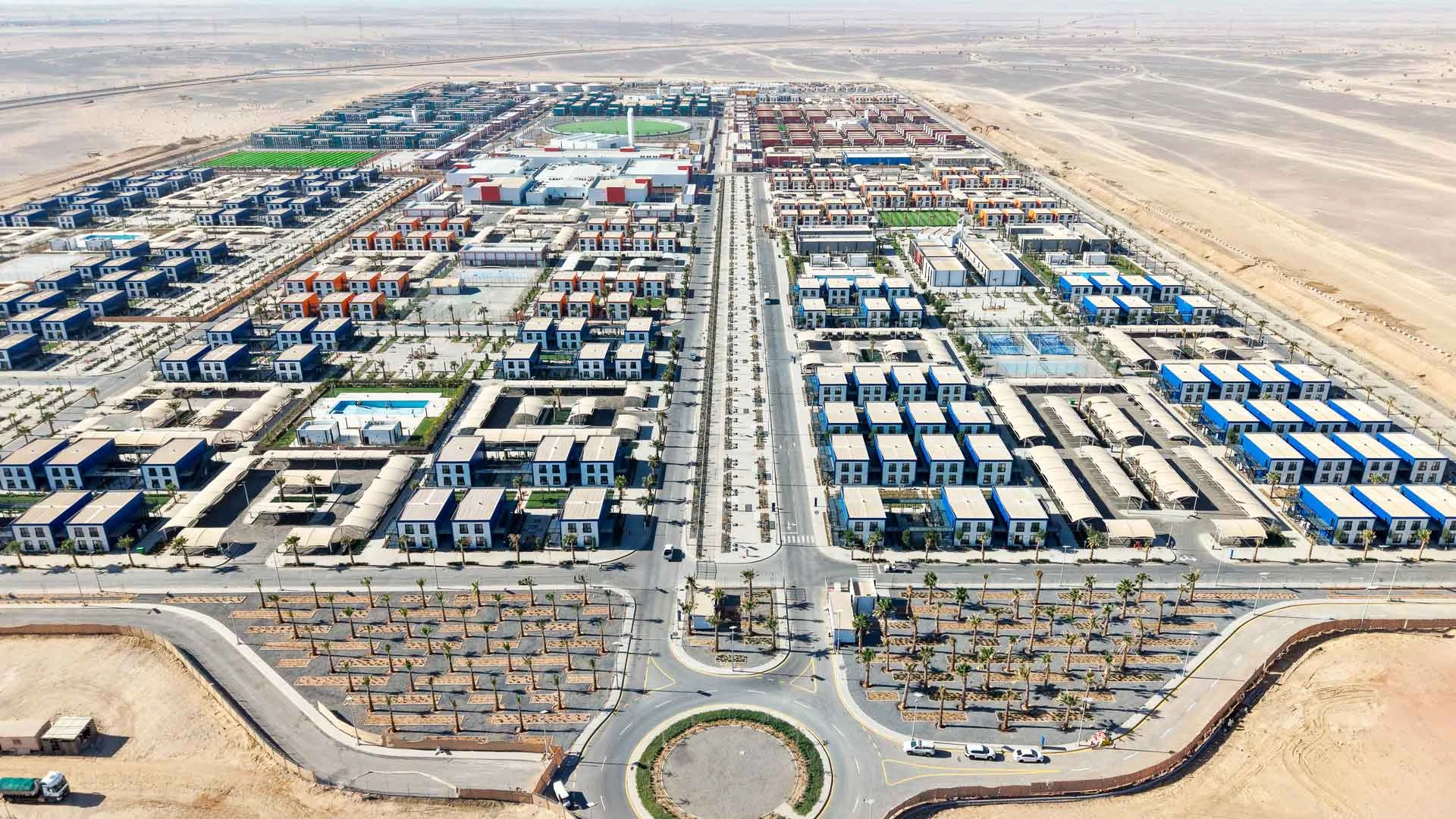 Aerial view of a large-scale modular building project by GSHousing