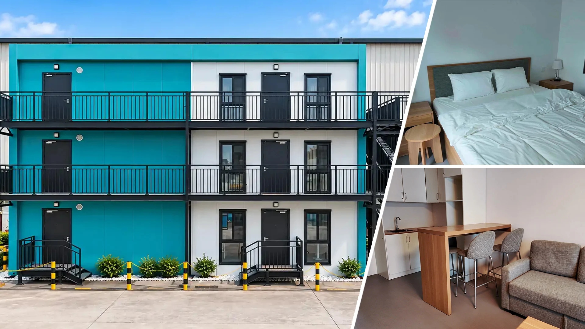 Prefabricated modular accommodation building with bedrooms, living areas and exterior access balconies, suitable for workforce housing, dormitories and large project camps.